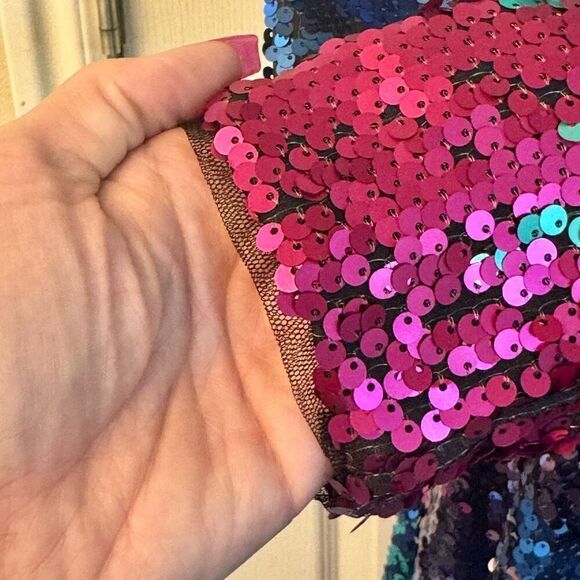 Collective The Label Ombre Sequin Long Sleeve Fuchsia & Teal Mini Dress Women's - Picture 4 of 12